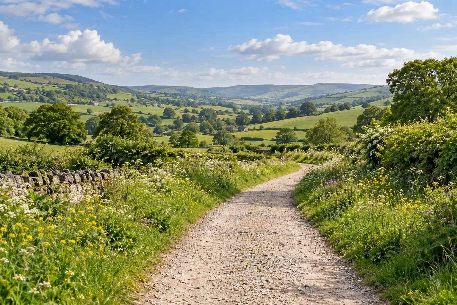 A broad gravel path winding through green countryside and wildflower verges